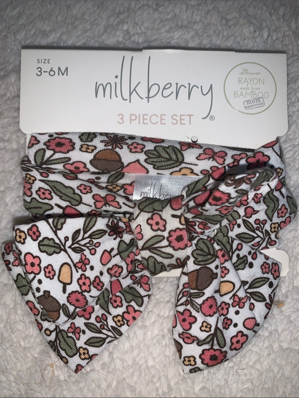 NWT Milkberry 3pc Set 3-6M Bamboo Bodysuit Pants Headband Acorns - Picture 7 of 9